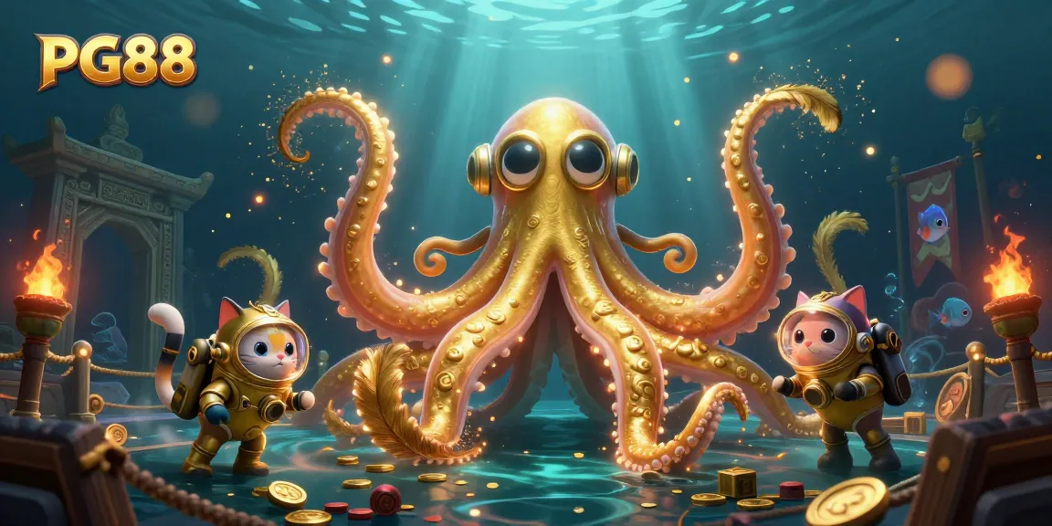 Experience an exciting underwater adventure with PG88, featuring a colossal kraken, diving cat, and shimmering fish.