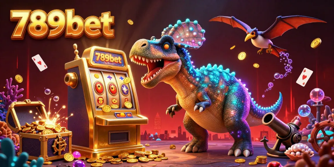 Engage with 789bet's thrilling slot experience as a cartoon pachycephalosaurus activates a jackpot slot machine.