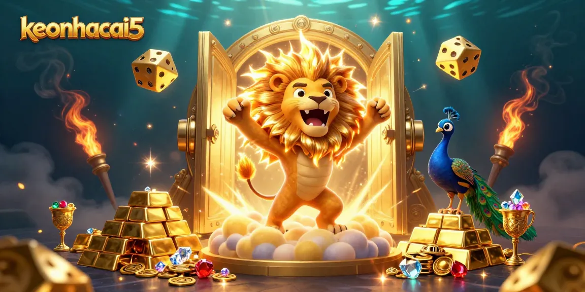 Experience the thrill of keonhacai5 with a vibrant 3D illustration of a golden lion and rich casino elements.