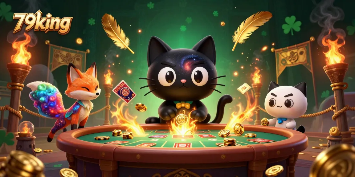 Engage in exciting gameplay at 79king, where a cartoon cat attracts golden chips at a cosmic casino.