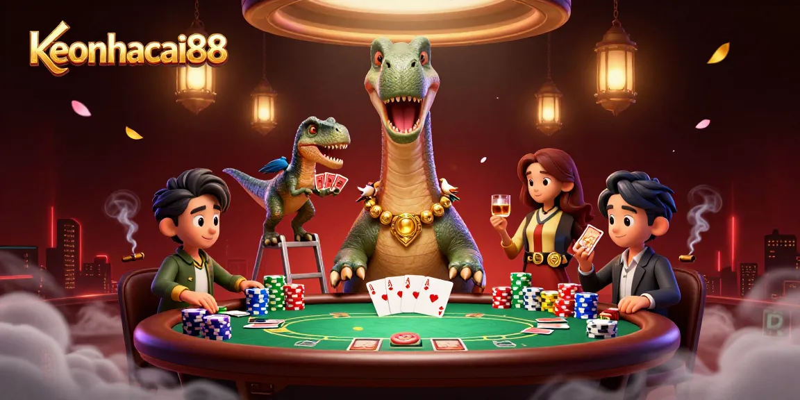 Engage with keonhacai88's vibrant casino scene featuring a towering dinosaur and exciting poker action.