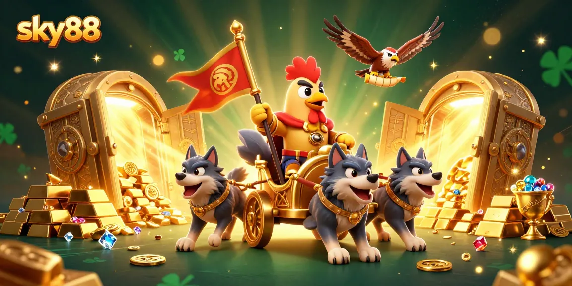 Experience sky88's thrilling gaming with vibrant treasures surrounding a rooster warlord in a dynamic scene.