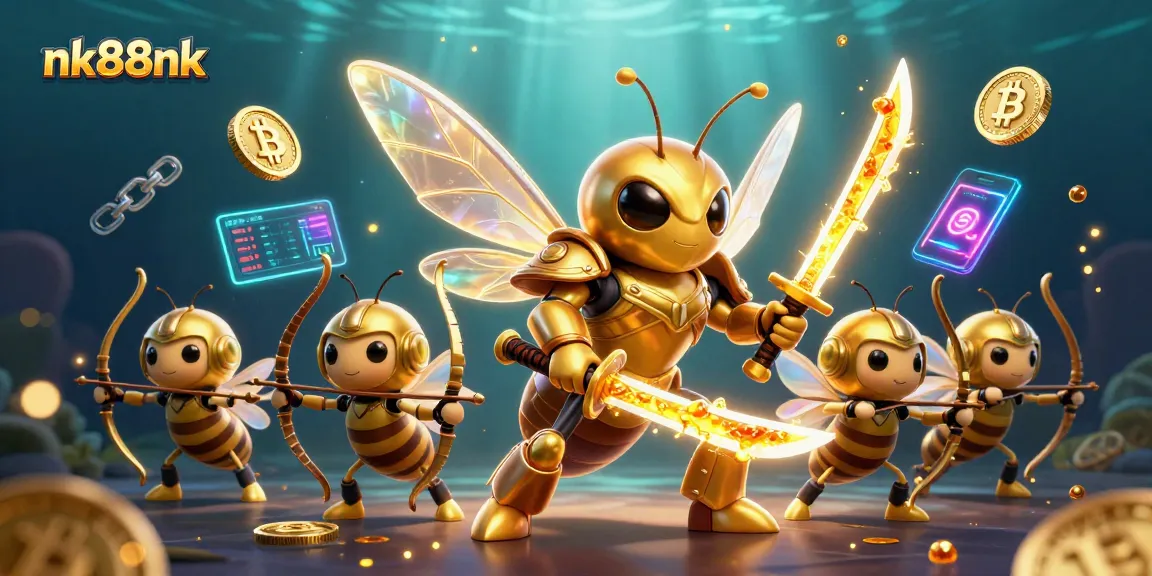 Engage in vibrant gaming with nk88nk featuring a golden hornet warrior in a casino-themed epic battle