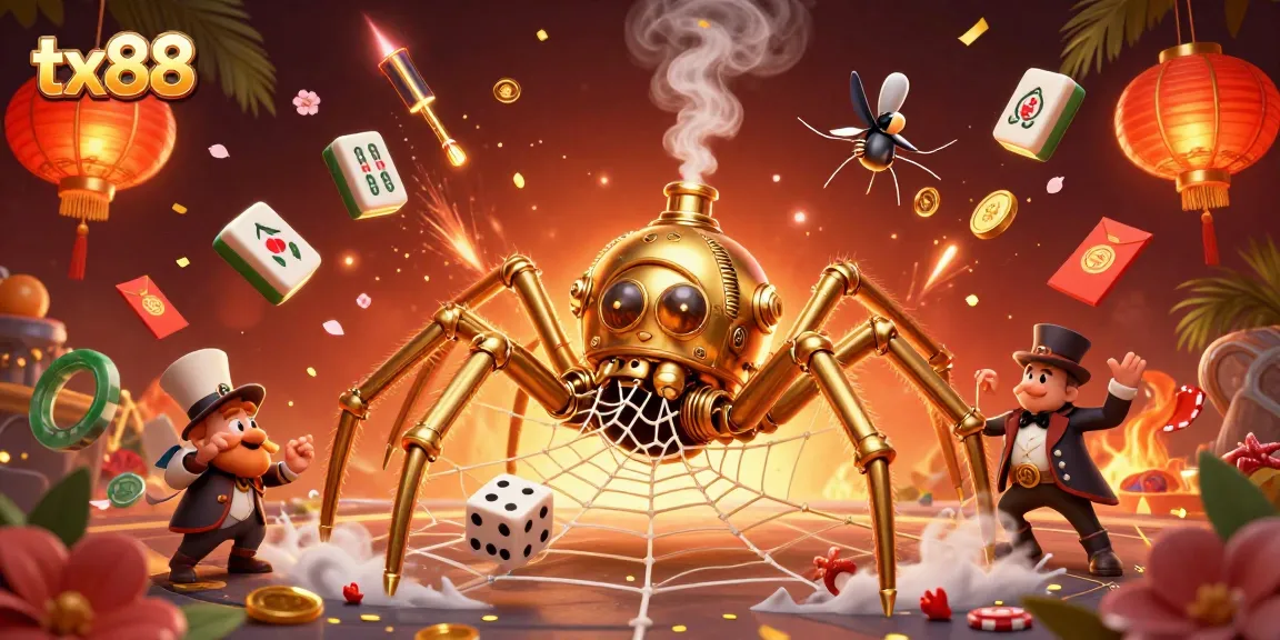 Engage with tx88 while exploring a whimsical 3D casino illustration with steampunk spider elements.